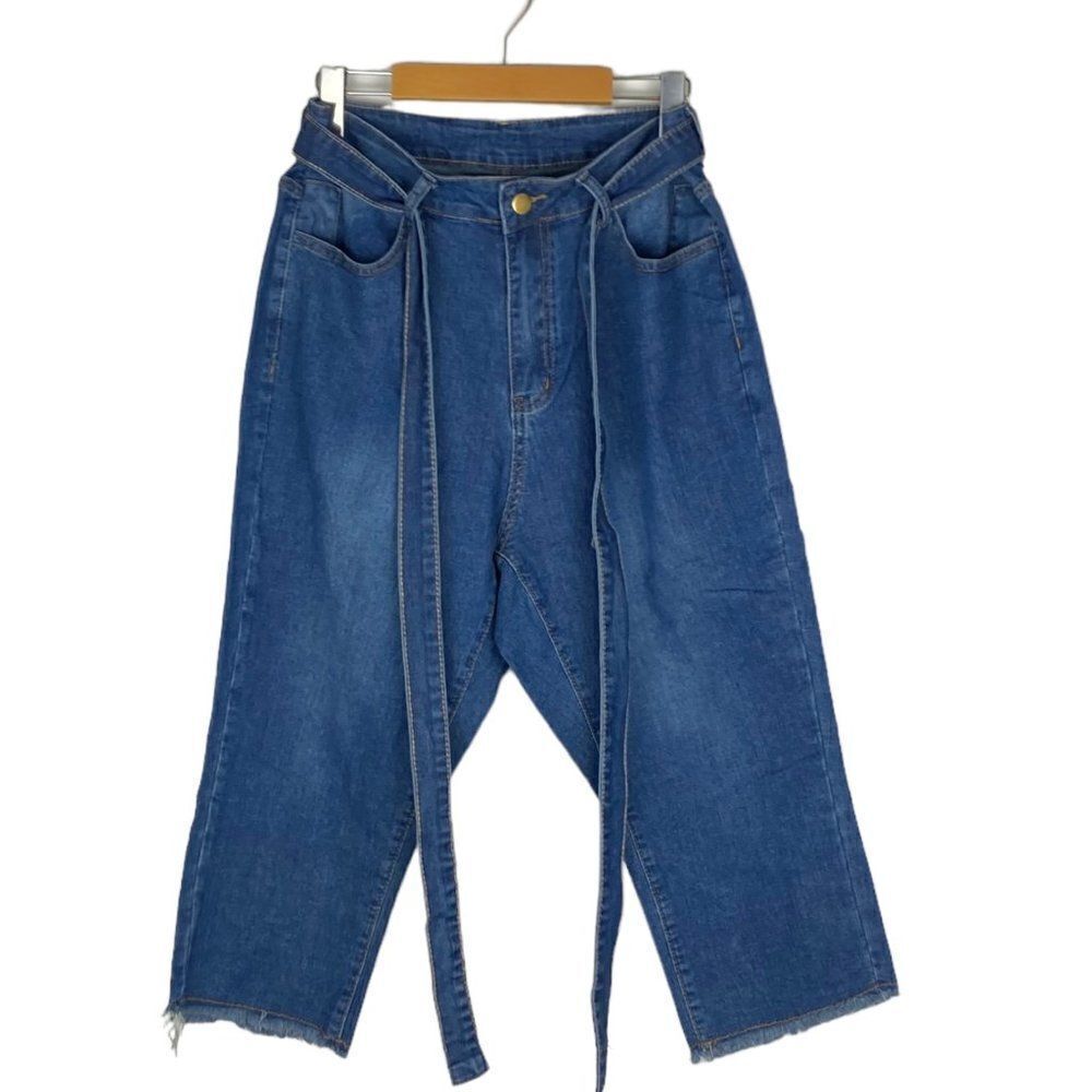 EMERY ROSE Women's Blue Belted Detailed Denim Capris Fringe Raw Hem 0XL